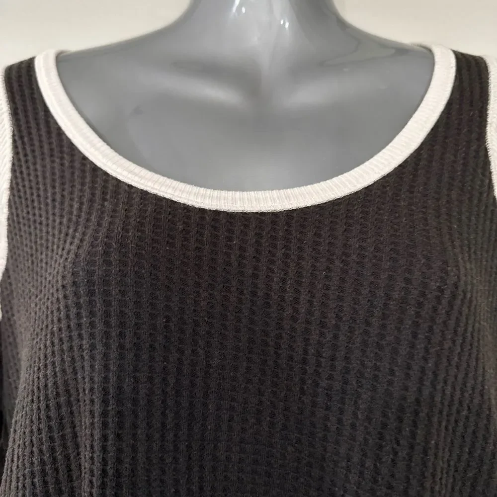Free People One Small Black Waffle Cotton Henley Thermal RawEdge Top